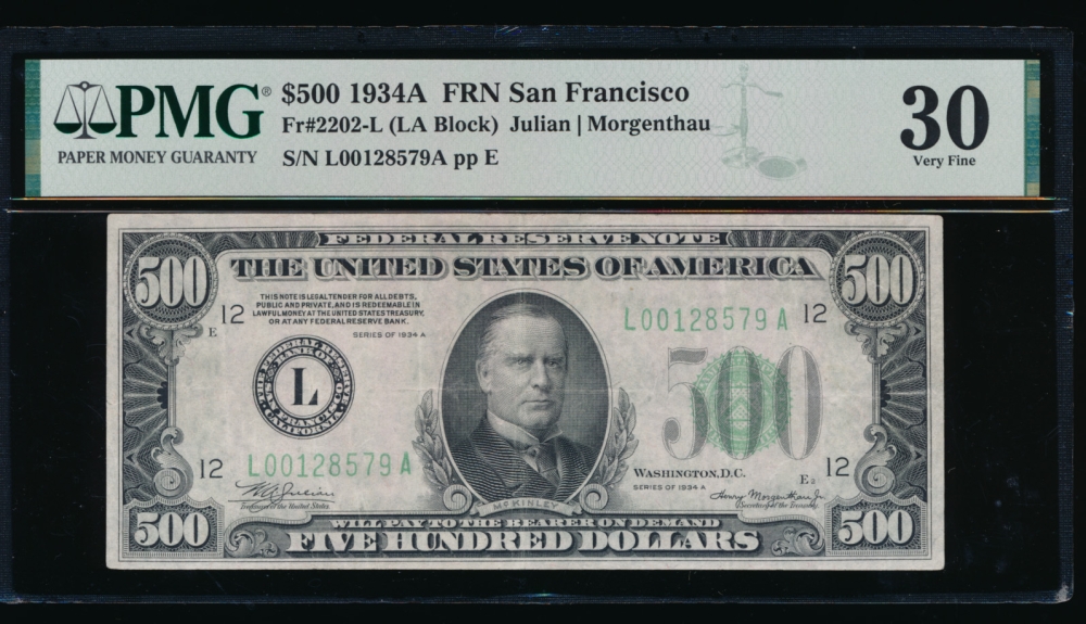 Fr. 2202-L 1934A $500  Federal Reserve Note San Francisco PMG 30 L00128579A obverse