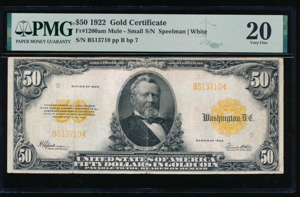 Fr. 1200a 1922 $50  Gold Certificate  PMG 20 B513710 obverse