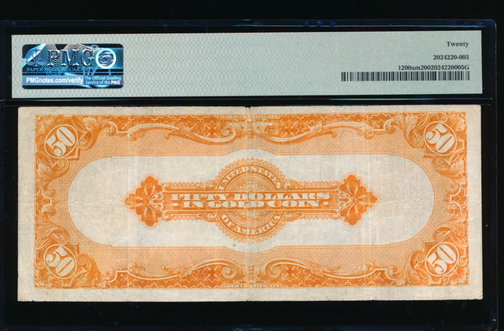Fr. 1200a 1922 $50  Gold Certificate  PMG 20 B513710 reverse