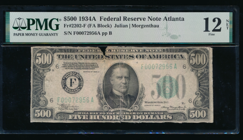 Fr. 2202-F 1934A $500  Federal Reserve Note Atlanta PMG 12NET F00072956A obverse