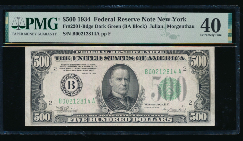 Fr. 2201-B 1934 $500  Federal Reserve Note New York PMG 40 B00212814A obverse