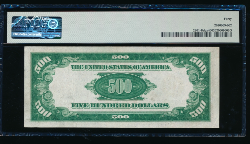 Fr. 2201-B 1934 $500  Federal Reserve Note New York PMG 40 B00212814A reverse