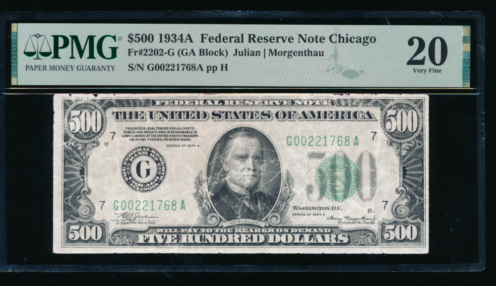 Fr. 2202-G 1934A $500  Federal Reserve Note Chicago PMG 20 comment G00221768A