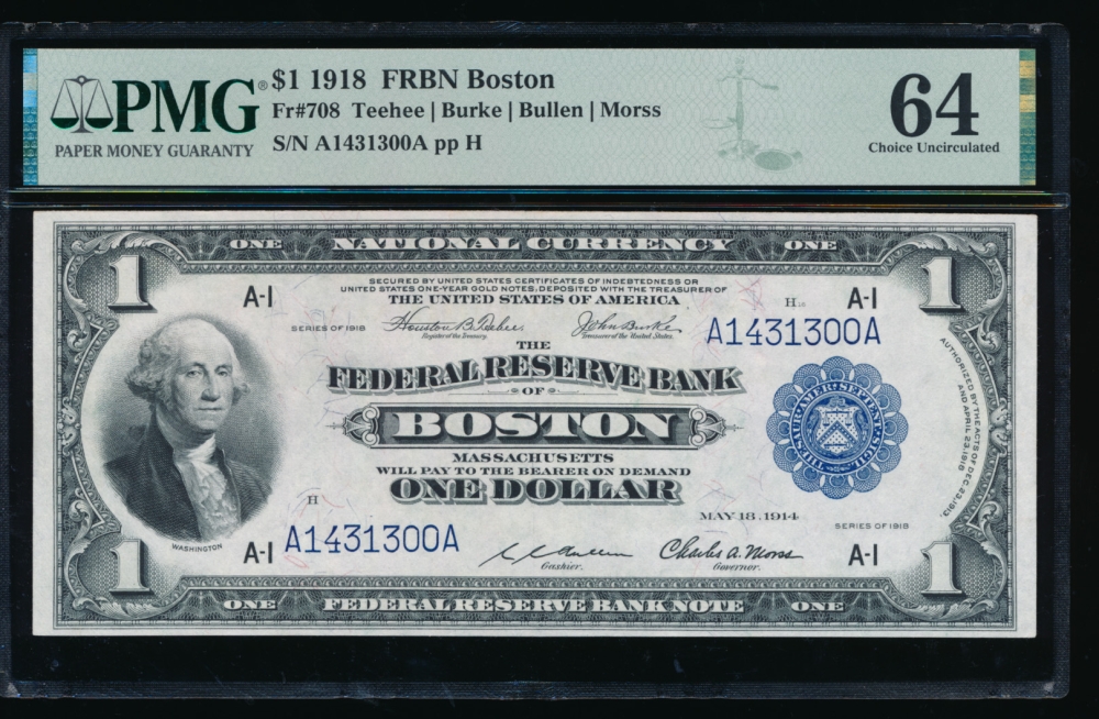 Fr. 708 1918 $1  FRBN Boston PMG 64 A1431300A