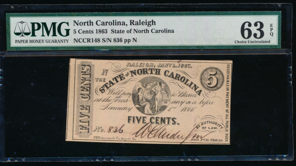 Fr. CR NC-148 1863 $0.05  Obsolete State of North Carolina, Raleigh PMG 63EPQ 836 N
