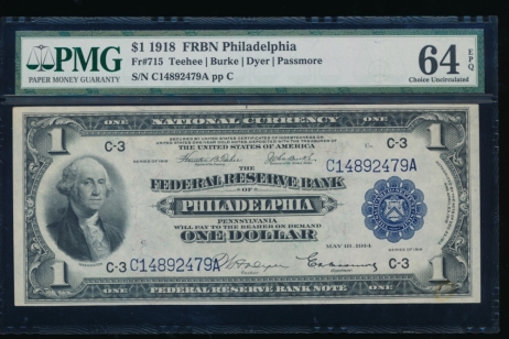 Fr. 715 1918 $1  FRBN Philadelphia PMG 64EPQ C14892479A