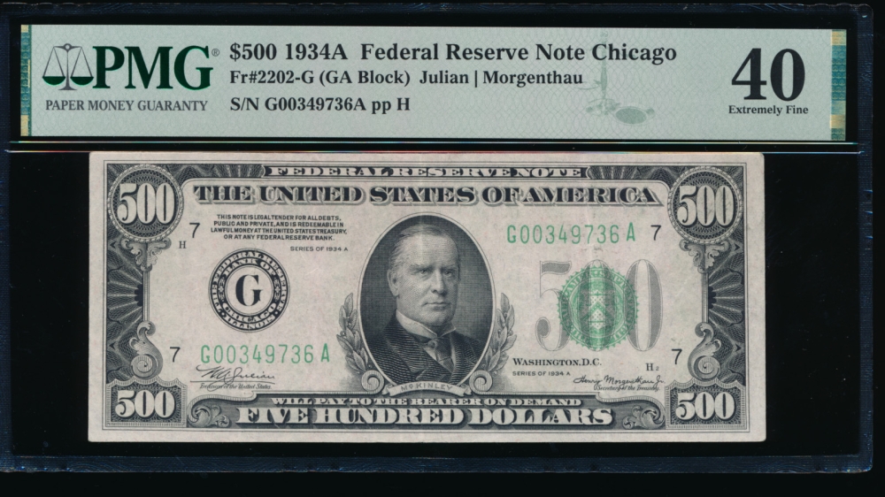 Fr. 2202-G 1934A $500  Federal Reserve Note Chicago PMG 40 G00349736A