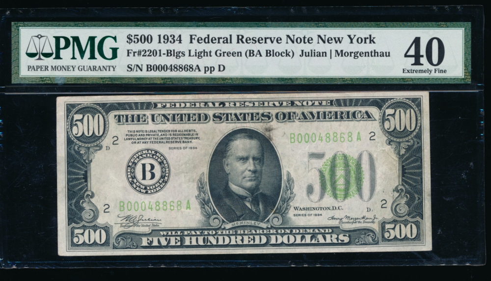 Fr. 2201-B 1934 $500  Federal Reserve Note New York LGS PMG 40 B00048868A obverse