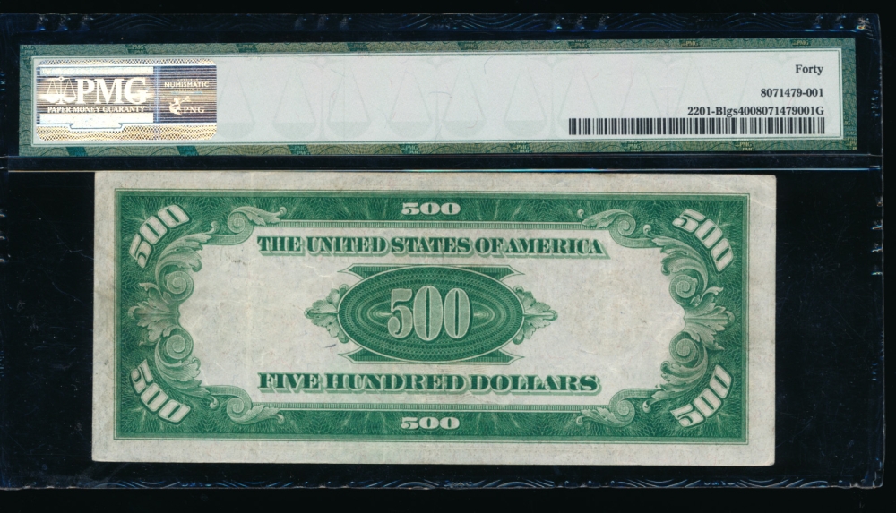 Fr. 2201-B 1934 $500  Federal Reserve Note New York LGS PMG 40 B00048868A reverse