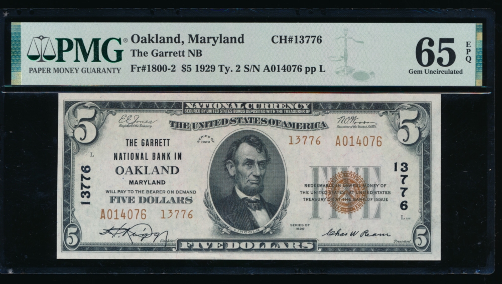 Fr. 1800-2 1928 $5  National: Type II Ch #13776 The Garrett National Bank in Oakland, Maryland PMG 65EPQ A014076