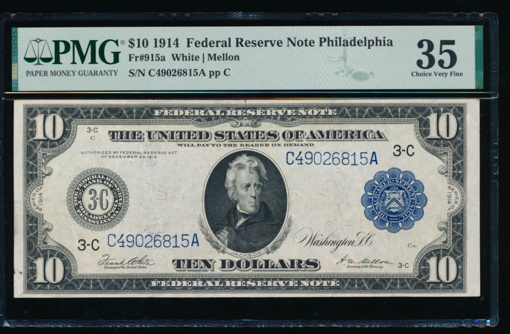 Fr. 915a 1914 $10  Federal Reserve Note Philadelphia PMG 35 C49026815A