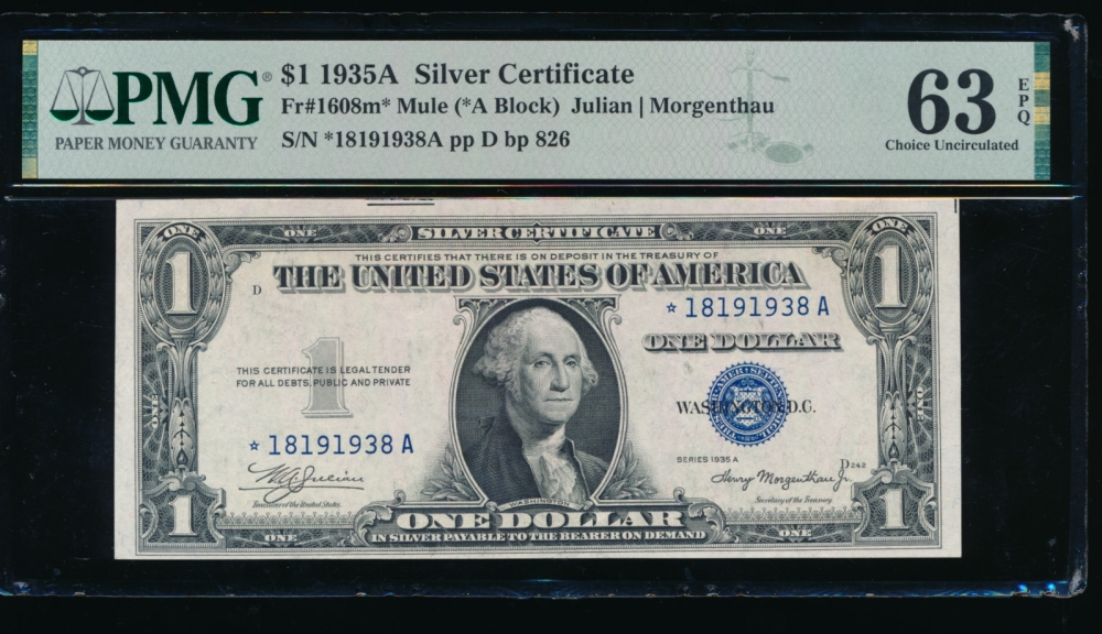 Fr. 1608 1935A $1  Silver Certificate *A block, mule PMG 63EPQ *18191938A