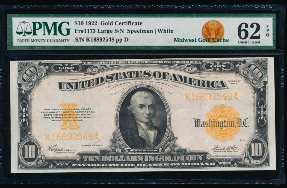 Fr. 1173 1922 $10  Gold Certificate  PMG 62EPQ K16892548