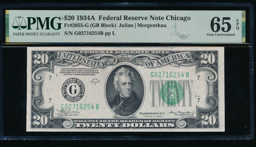 Fr. 2055-G 1934A $20  Federal Reserve Note Chicago PMG 65EPQ G02716254B