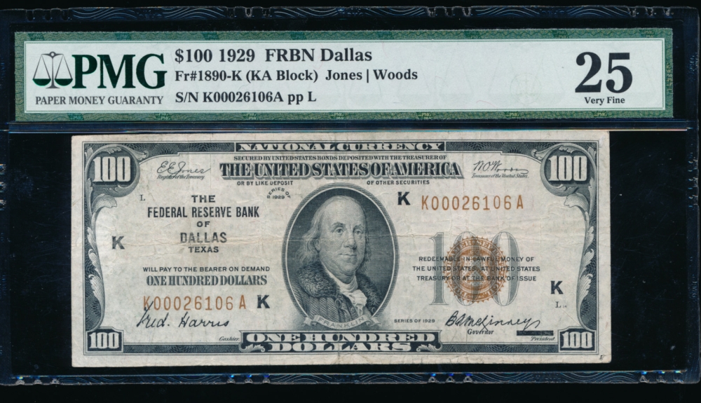 Fr. 1890-K 1929 $100  FRBN Dallas PMG 25 K00026106A