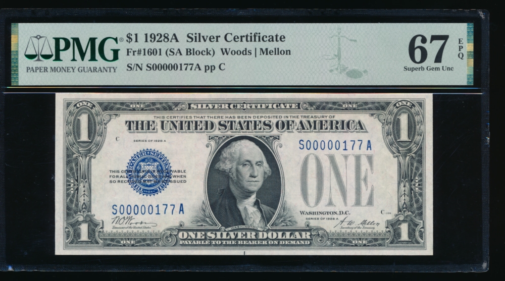 Fr. 1601 1928A $1  Silver Certificate low serial number PMG 67EPQ S00000177A