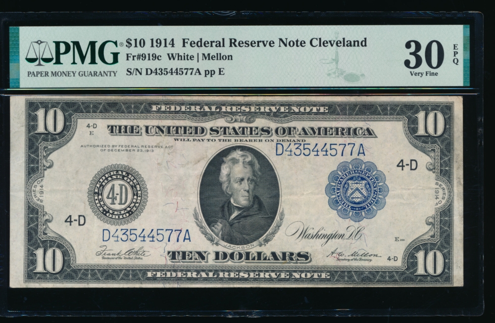 Fr. 919c 1914 $10  Federal Reserve Note Cleveland PMG 30EPQ D43544577A