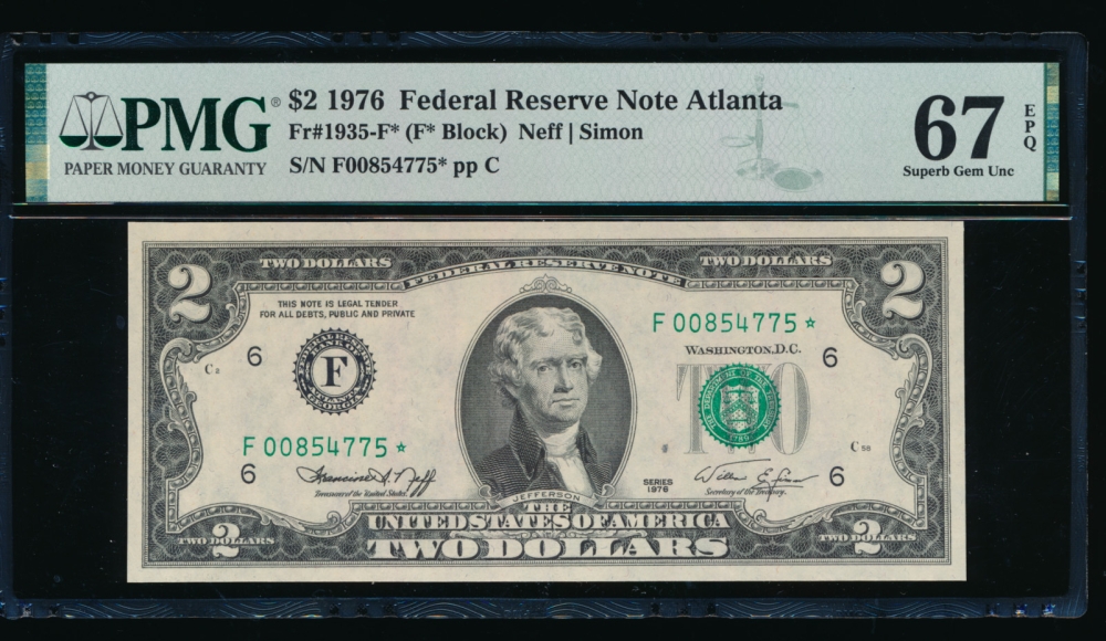 Fr. 1935-F 1976 $2  Federal Reserve Note Atlanta star PMG 67EPQ F00854775*