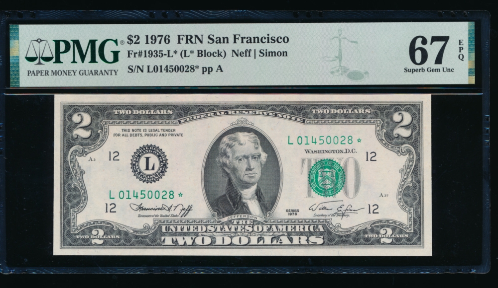Fr. 1935-L 1976 $2  Federal Reserve Note San Francisco star PMG 67EPQ L01450028*