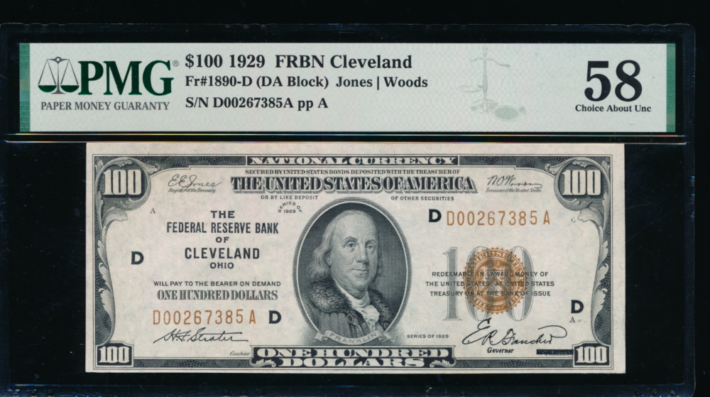 Fr. 1890-D 1929 $100  FRBN Cleveland PMG 58 D00267385A