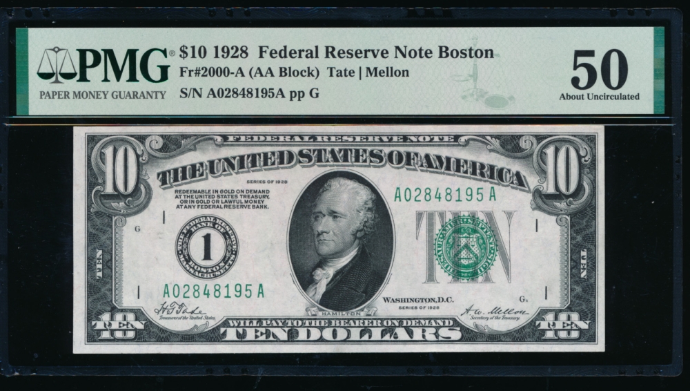 Fr. 2000-A 1928 $10  Federal Reserve Note Boston PMG 50 A02848195A