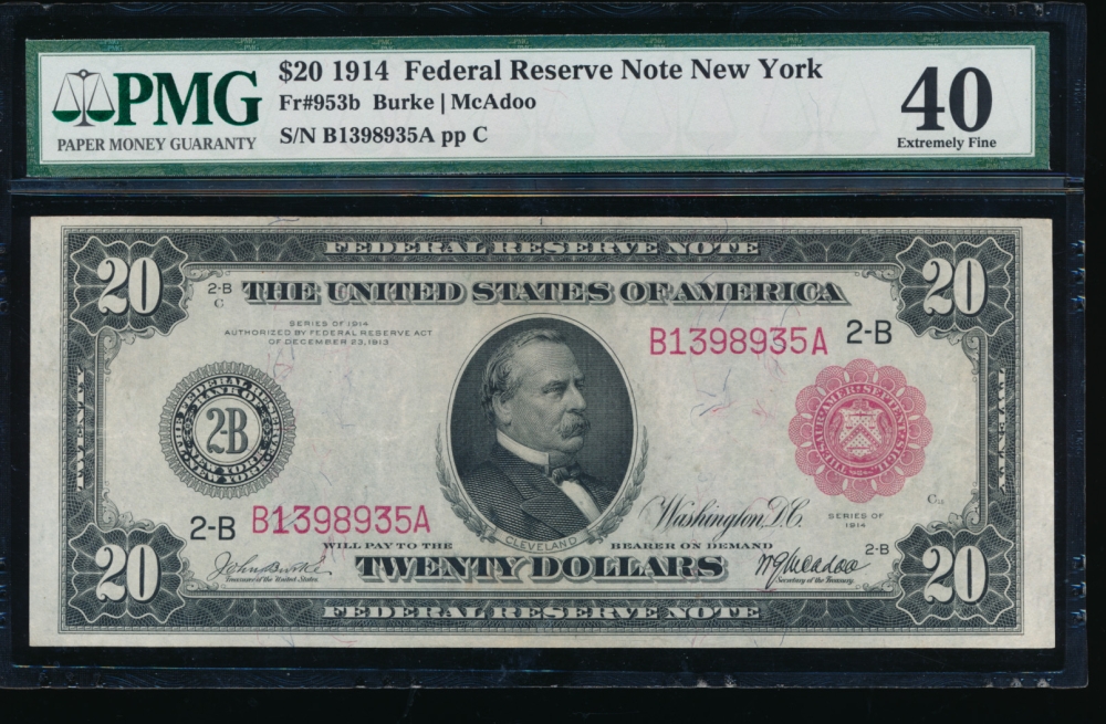 Fr. 953b 1914 $20  Federal Reserve Note New York red seal PMG 40 B1398935A