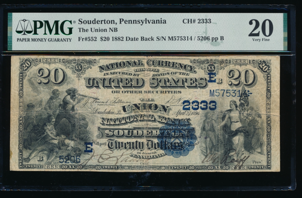 Fr. 552 1882 $20  National: Date Back Ch #2333 Union NB and TC of Souderton, Pennsylvania PMG 20 5206