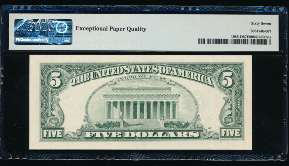 Fr. 1985-D 1995 $5  Federal Reserve Note Cleveland PMG 67EPQ D02819907C reverse
