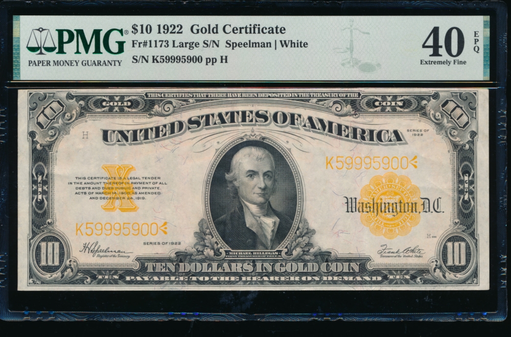 Fr. 1173 1922 $10  Gold Certificate  PMG 40EPQ K59995900