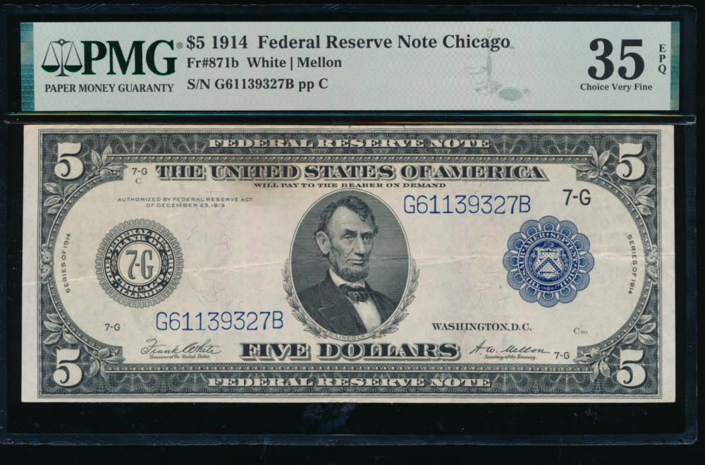 Fr. 871b 1914 $5  Federal Reserve Note Chicago PMG 35EPQ G61139327B