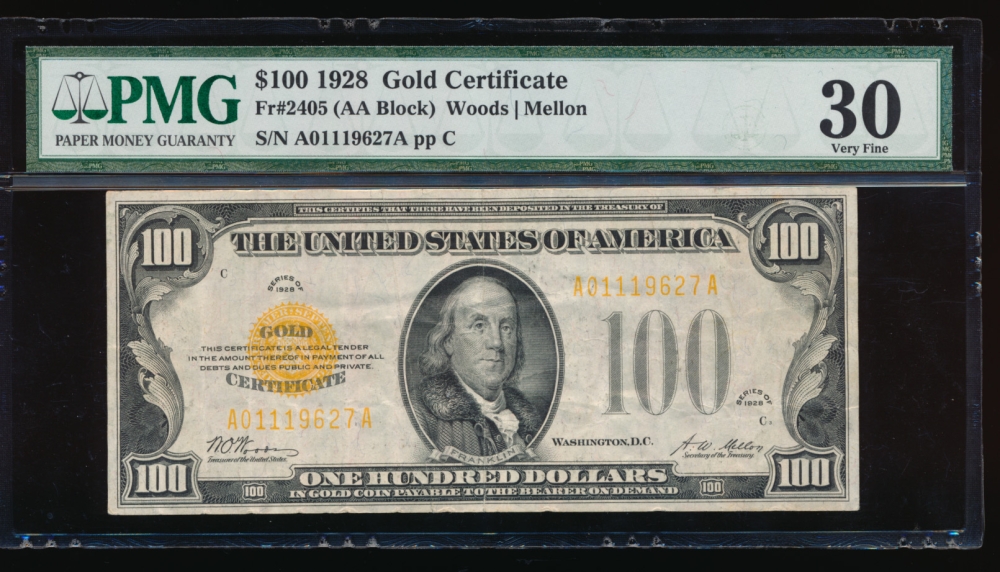 Fr. 2405 1928 $100  Gold Certificate  PMG 30 A01119627A