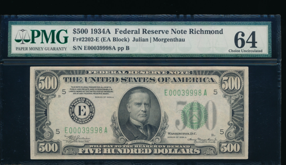 Fr. 2202-E 1934A $500  Federal Reserve Note Richmond PMG 64 E00039998A