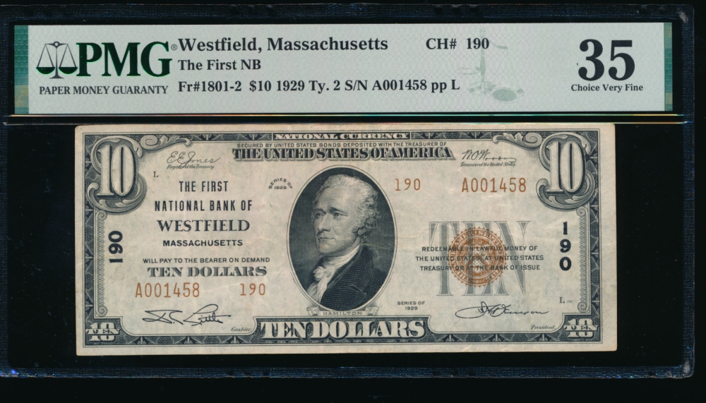 Fr. 1801-2 1929 $10  National: Type II Ch #190 The First National Bank of Westfield, Massachusetts PMG 35 A001458