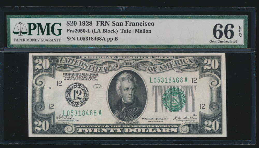 Fr. 2050-L 1928 $20  Federal Reserve Note San Francisco PMG 66EPQ L05318468A