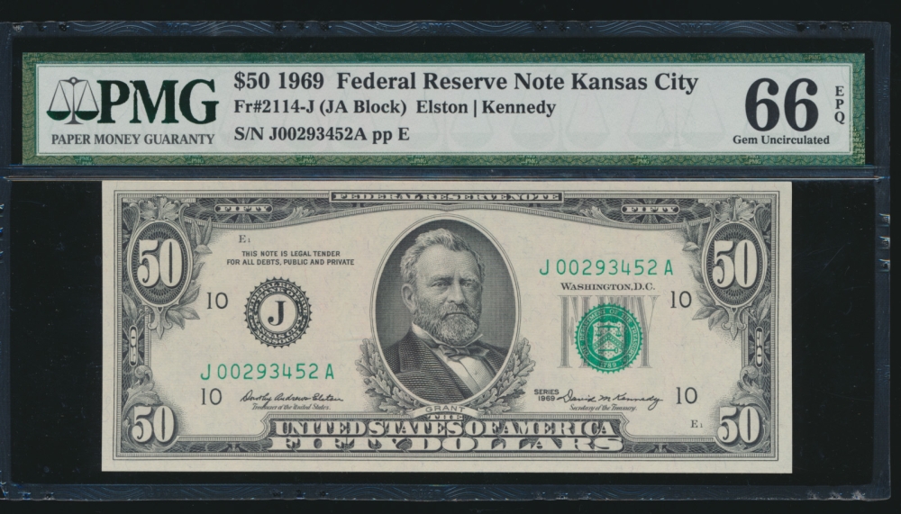 Fr. 2114-J 1969 $50  Federal Reserve Note Kansas City PMG 66EPQ J00293452A