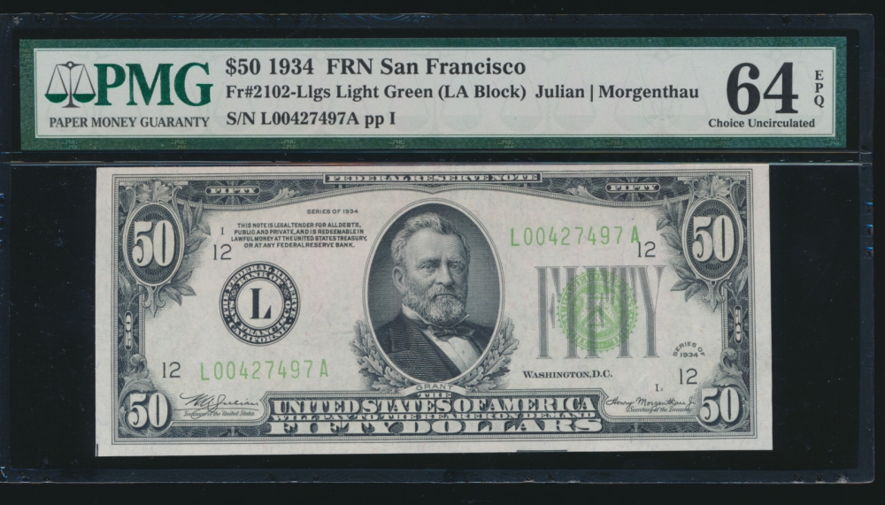 Fr. 2102-L 1934 $50  Federal Reserve Note San Francisco LGS PMG 64EPQ L00427497A