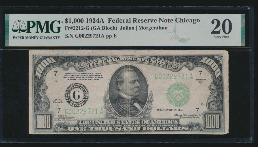 Fr. 2212-G 1934A $1,000  Federal Reserve Note Chicago PMG 20 G00229721A