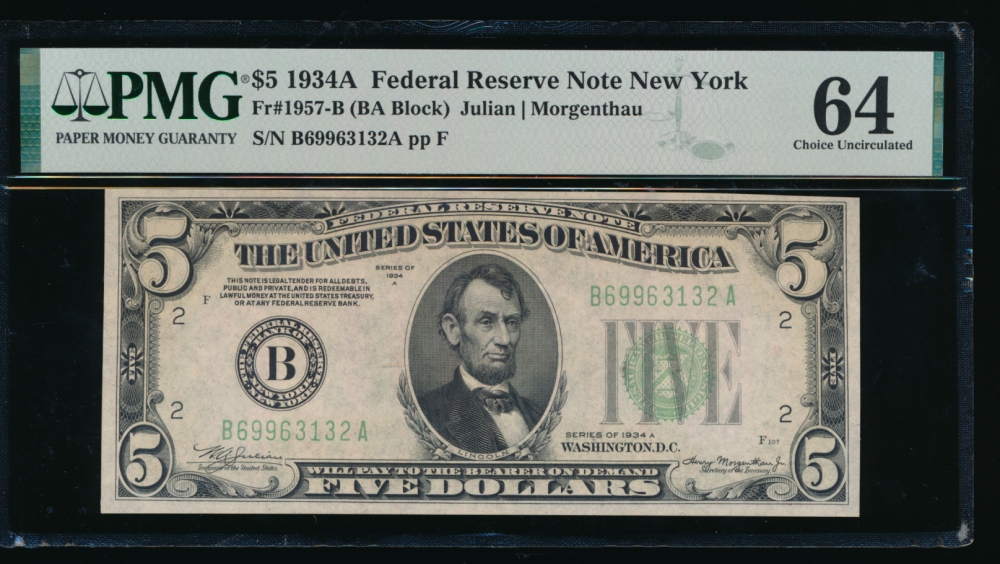 Fr. 1957-B 1934A $5  Federal Reserve Note New York PMG 64 B69963132A