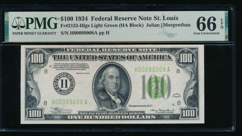 Fr. 2152-H 1934 $100  Federal Reserve Note Saint Louis LGS PMG 66EPQ H00099008A