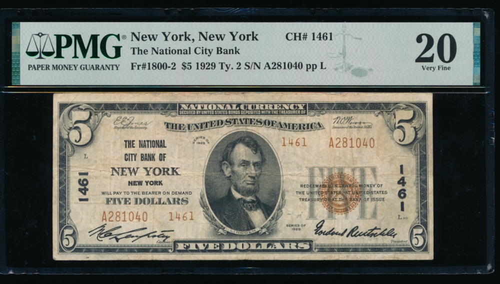 Fr. 1800-2 1929 $10  National: Type II Ch #1461 The National City Bank of New York, New York PMG 20 A281040