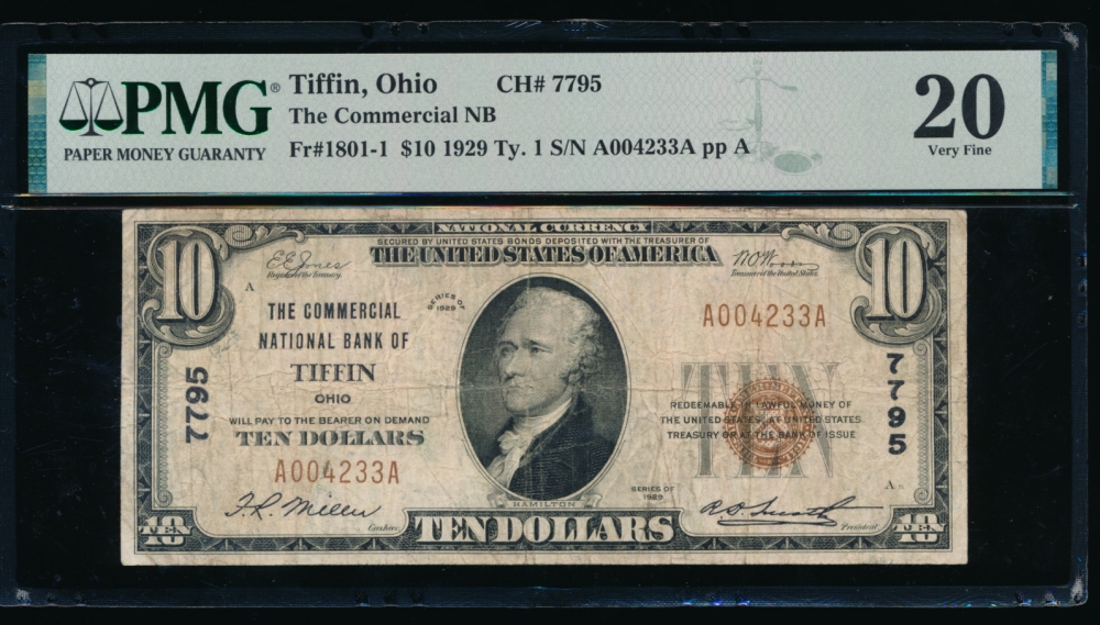 Fr. 1801-1 1929 $10  National: Type I Ch #7795 The Commercial National Bank of Tiffin, Ohio PMG 20 A004233A