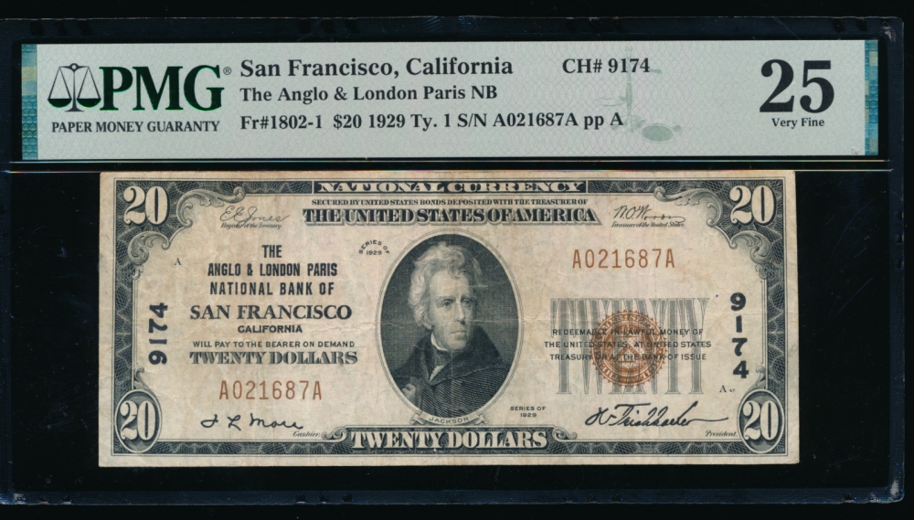 Fr. 1802-1 1929 $20  National: Type I Ch #9174 The Anglo & Longdon Paris NB of San Francisco, California PMG 25 A021687A