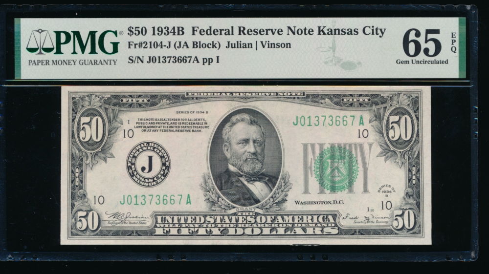 Fr. 2104-J 1934B $50  Federal Reserve Note Kansas City PMG 65EPQ J01373667A