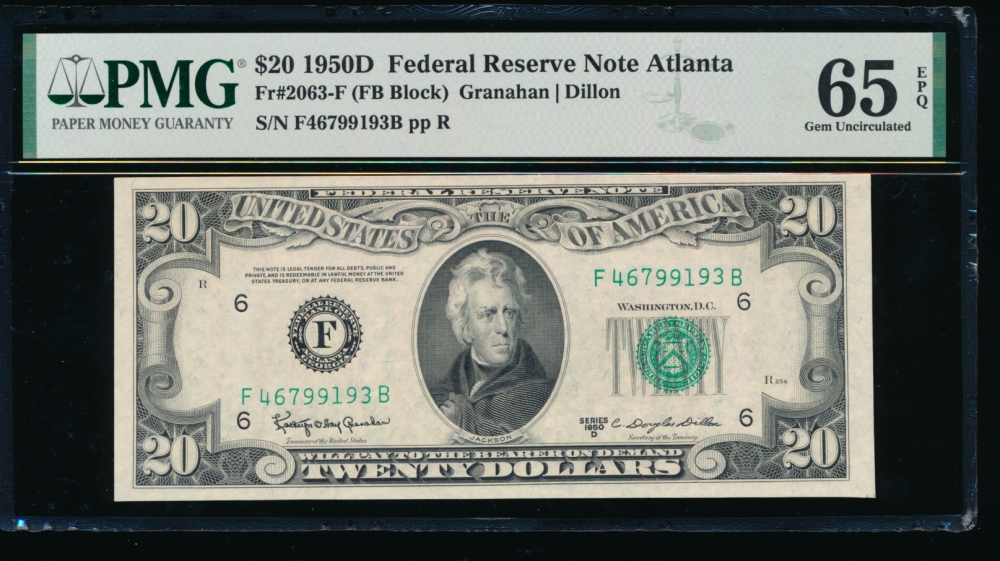 Fr. 2063-F 1950D $20  Federal Reserve Note Atlanta PMG 65EPQ F46799193A