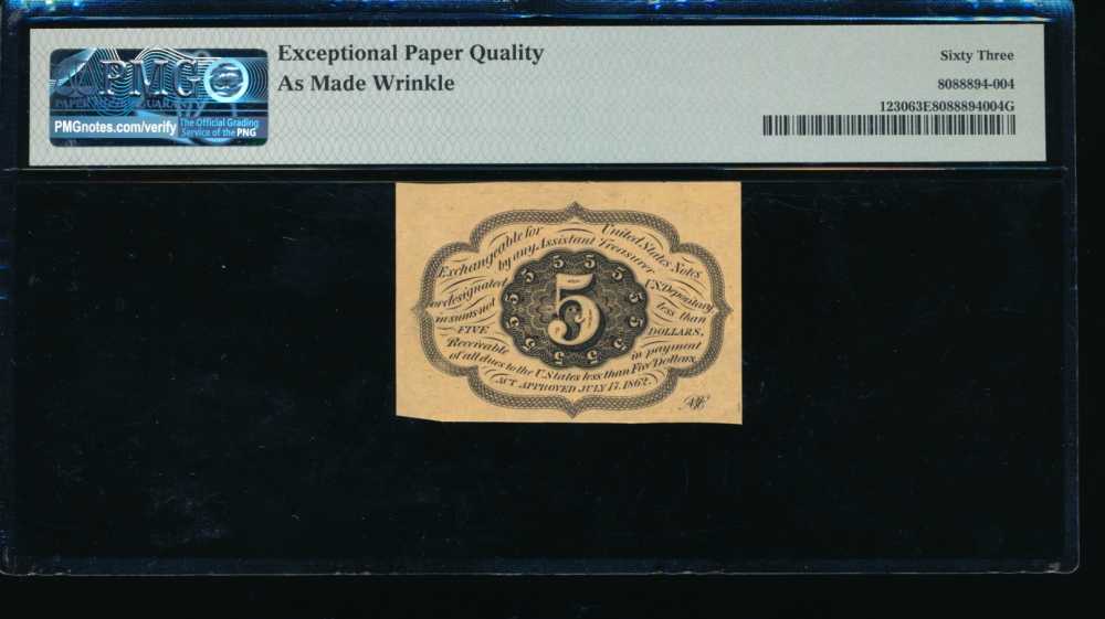 Fr. 1230  $0.05  Fractional First Issue: Straight Edges with  Monogram PMG 63EPQ no serial number reverse