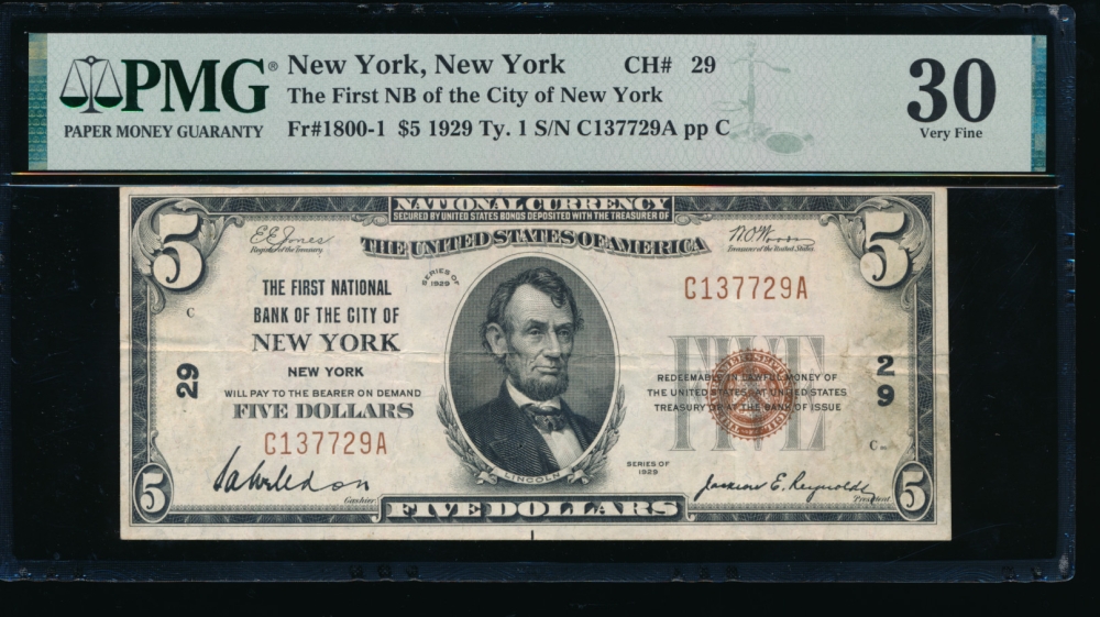 Fr. 1800-1 1929 $5  National: Type I Ch #29 The First National Bank of the City of New York, New York PMG 30 C137729A