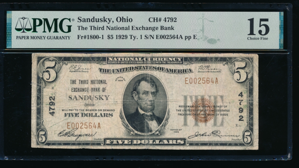 Fr. 1800-1 1929 $5  National: Type I Ch #4792 The Third National Exchange Bank of Sandusky, Ohio PMG 15 E002564A