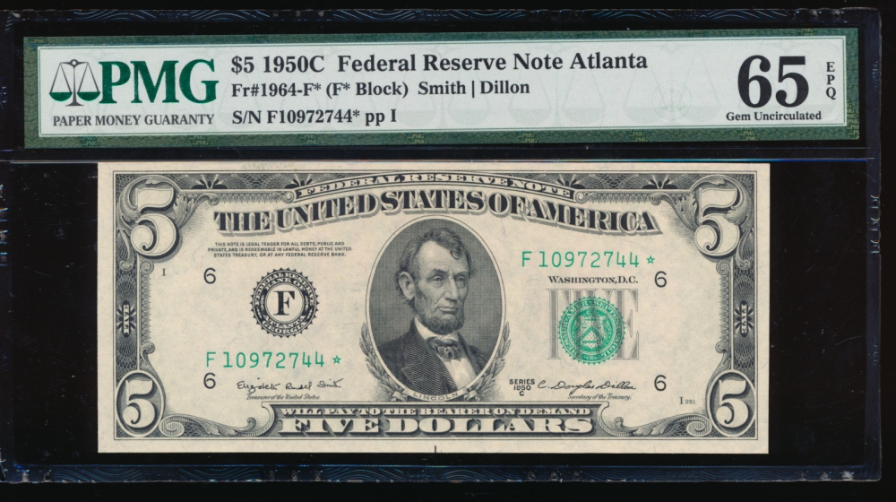 Fr. 1964-F 1950C $5  Federal Reserve Note Atlanta star PMG 65EPQ F10972744*