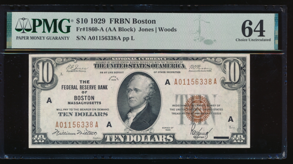 Fr. 1860-A 1929 $10  FRBN Boston PMG 64 A01156338A