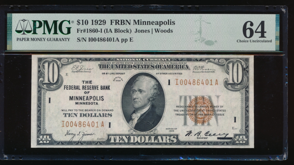Fr. 1860-I 1929 $10  FRBN Minneapolis PMG 64 I00186401A